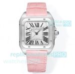 Swiss Replica Cartier 2824 Santos Pink Leather Bracelet 100th Anniversary Ladies Watch 